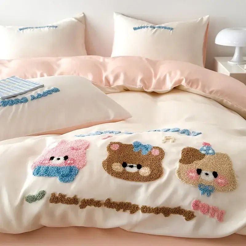 Pastel pink cartoon embroidery cotton bedding set for bedroom
