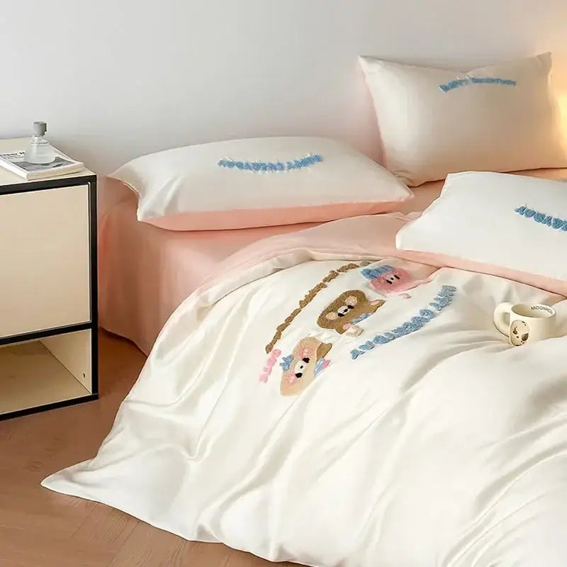 Pastel pink cartoon embroidery cotton bedding set for bedroom