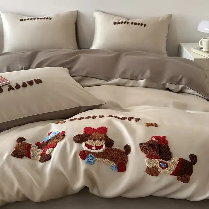 Pastel pink cartoon embroidery cotton bedding set for bedroom