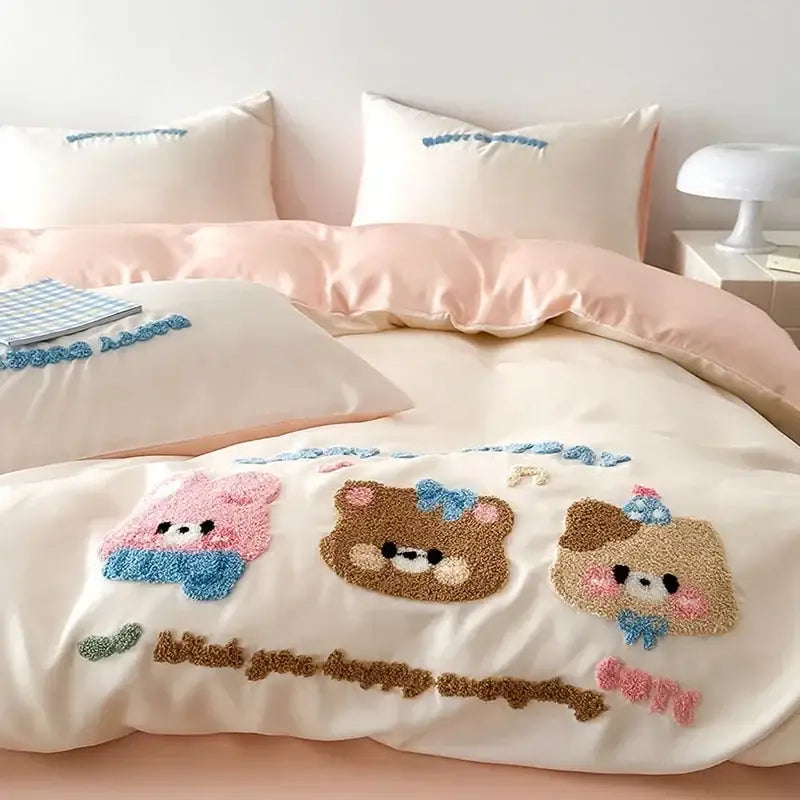 Pastel pink cartoon embroidery cotton bedding set for bedroom