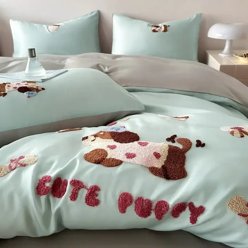 Pastel pink cartoon embroidery cotton bedding set for bedroom