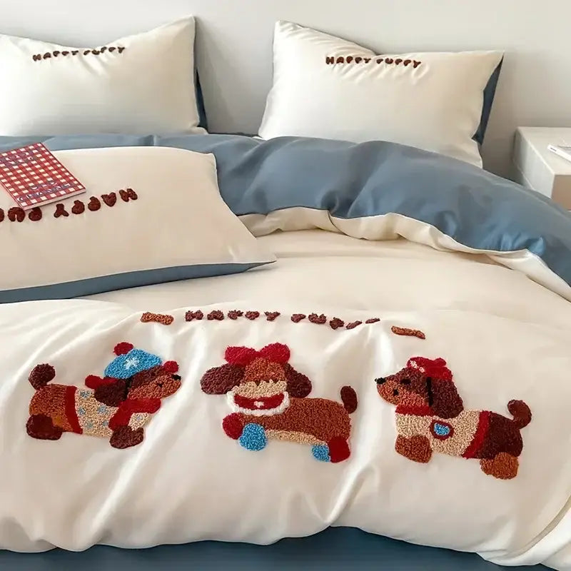 Pastel pink cartoon embroidery cotton bedding set for bedroom