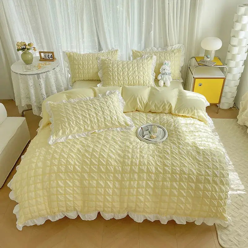 Pastel yellow bubble cotton lace bedding set bedroom quilted ruffle