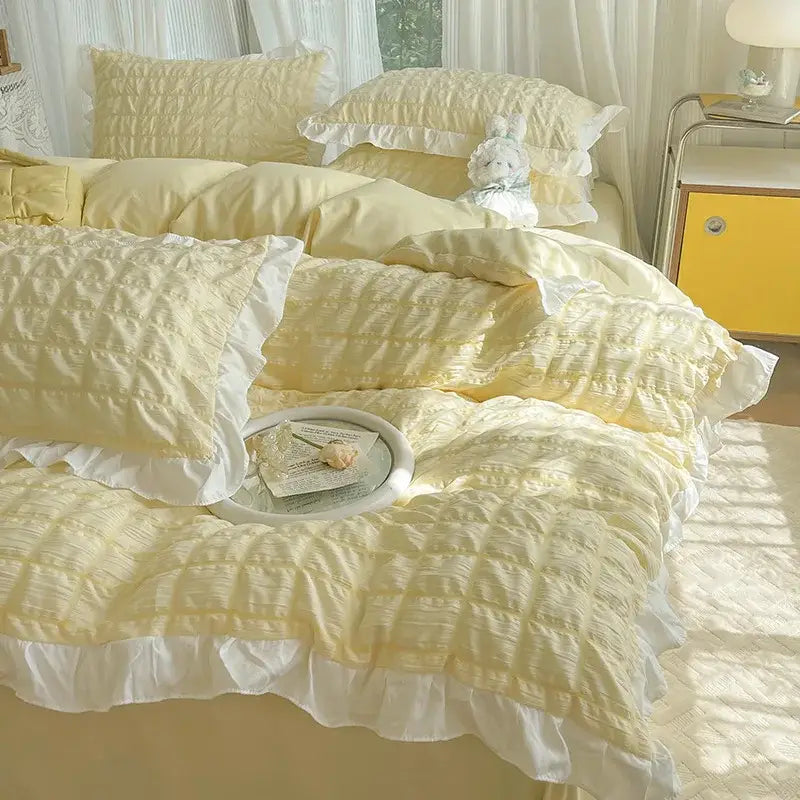 Pastel yellow bubble cotton lace bedding set bedroom quilted ruffle