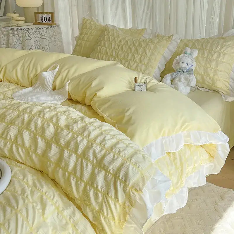 Pastel yellow bubble cotton lace bedding set bedroom quilted ruffle