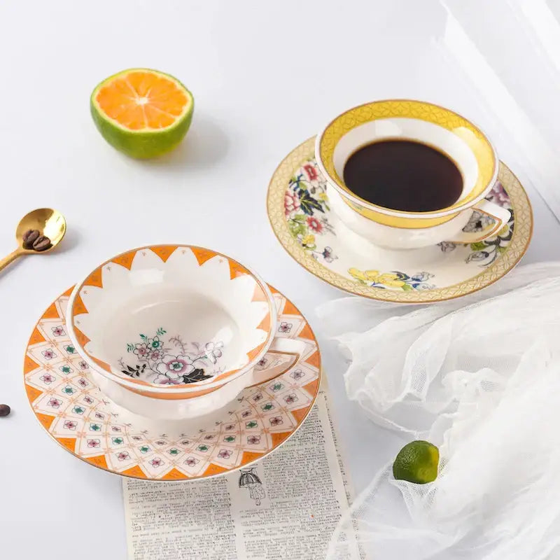 Pastoral floral bone china flower coffee cup saucers dining room set