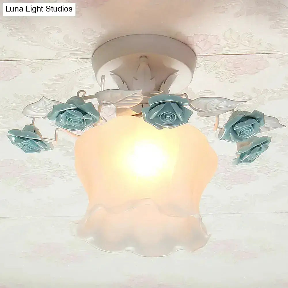 Pastoral pink & white rose glass semi flush light dining room ceiling