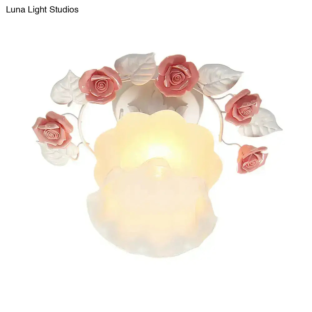 Pastoral pink & white rose glass semi flush light dining room ceiling