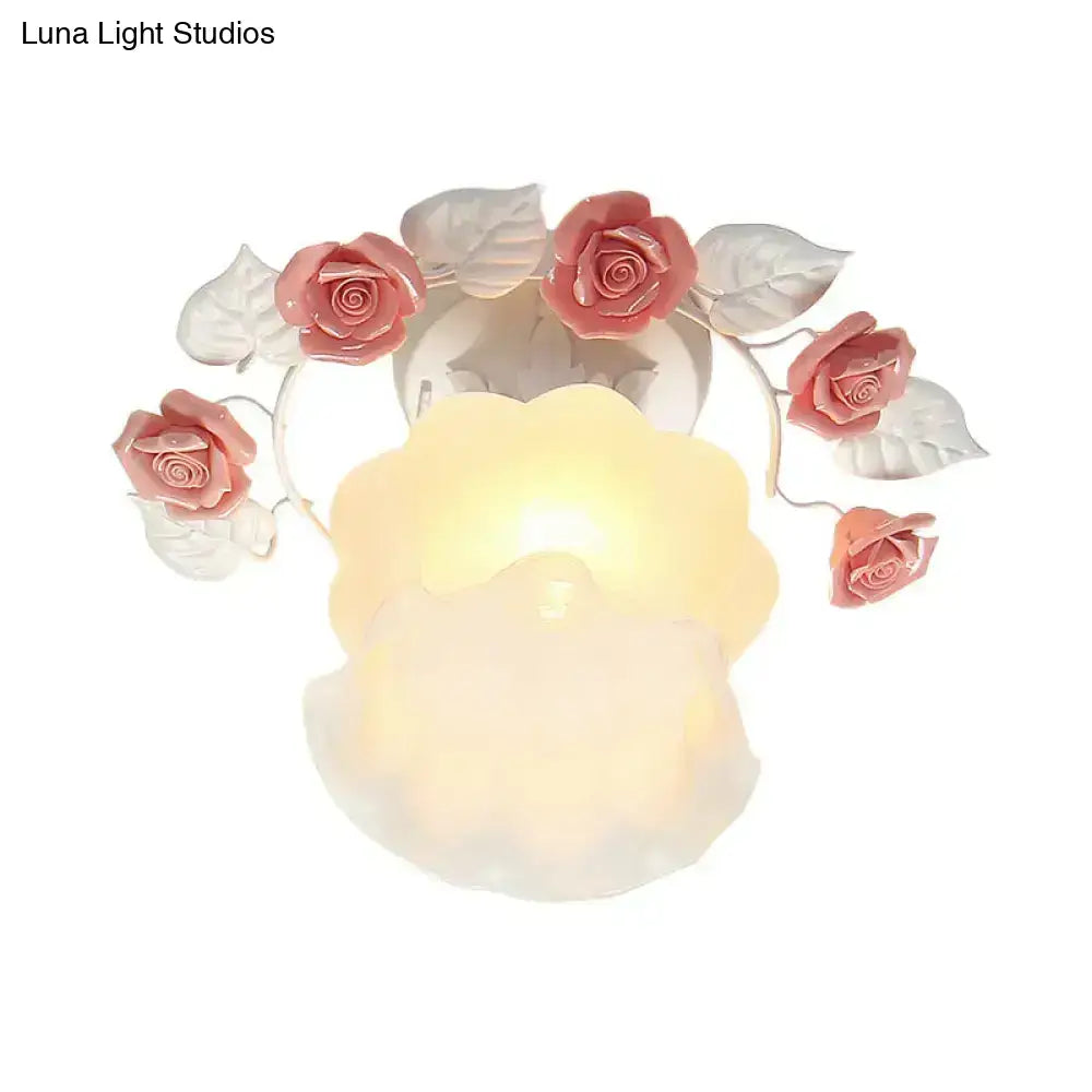 Pastoral pink & white rose glass semi flush light dining room ceiling