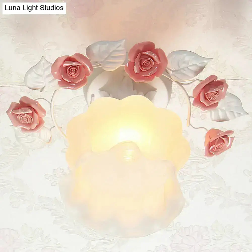 Pastoral pink & white rose glass semi flush light dining room ceiling
