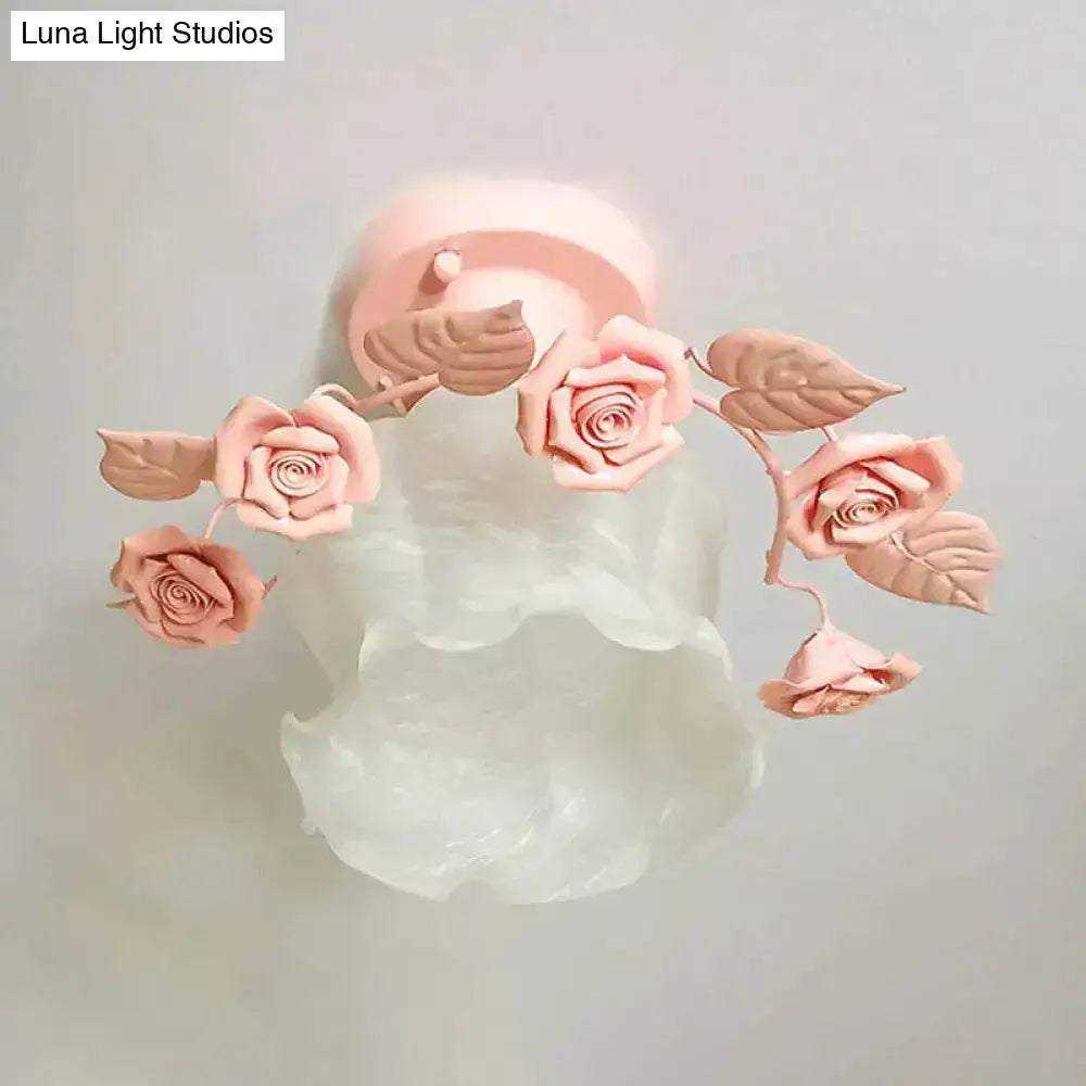 Pastoral pink & white rose glass semi flush light dining room ceiling