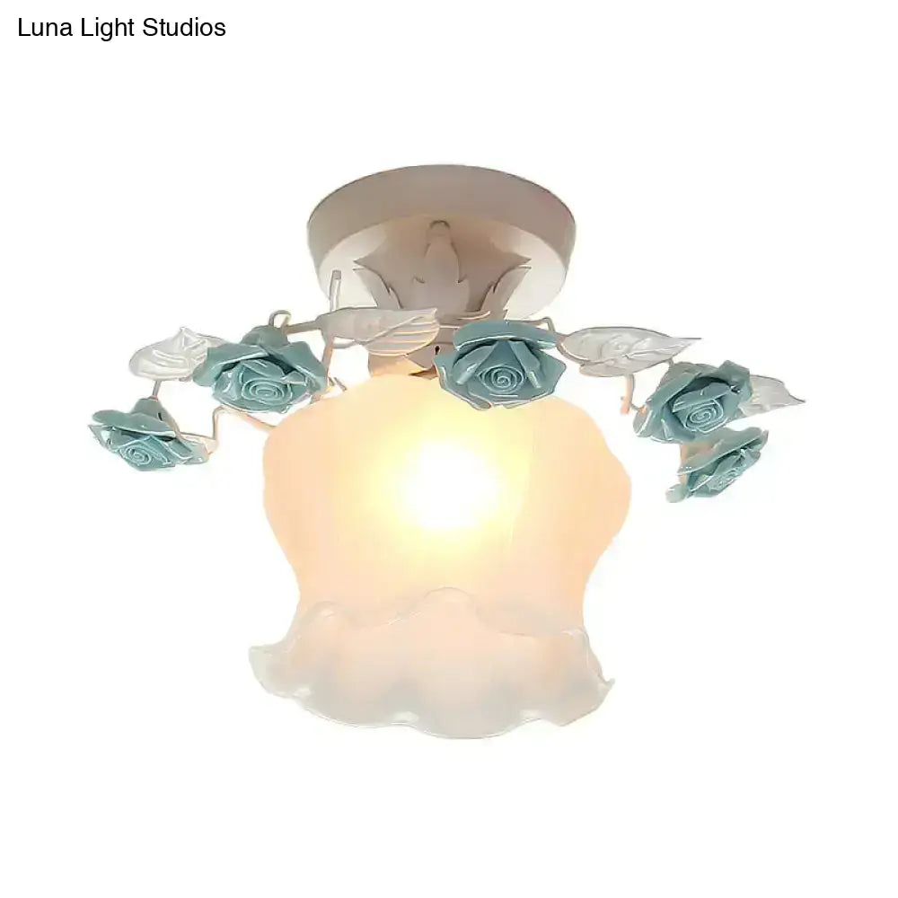 Pastoral pink & white rose glass semi flush light dining room ceiling