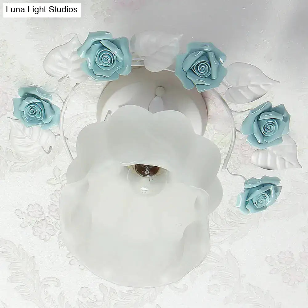 Pastoral pink & white rose glass semi flush light dining room ceiling