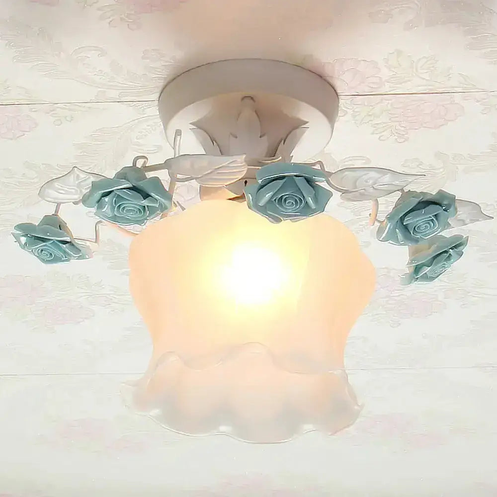 Pastoral pink & white rose glass semi flush light dining room ceiling
