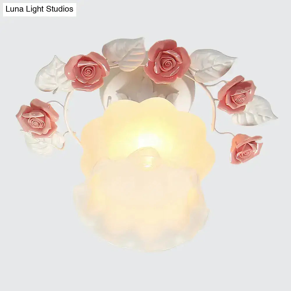 Pastoral pink & white rose glass semi flush light dining room ceiling