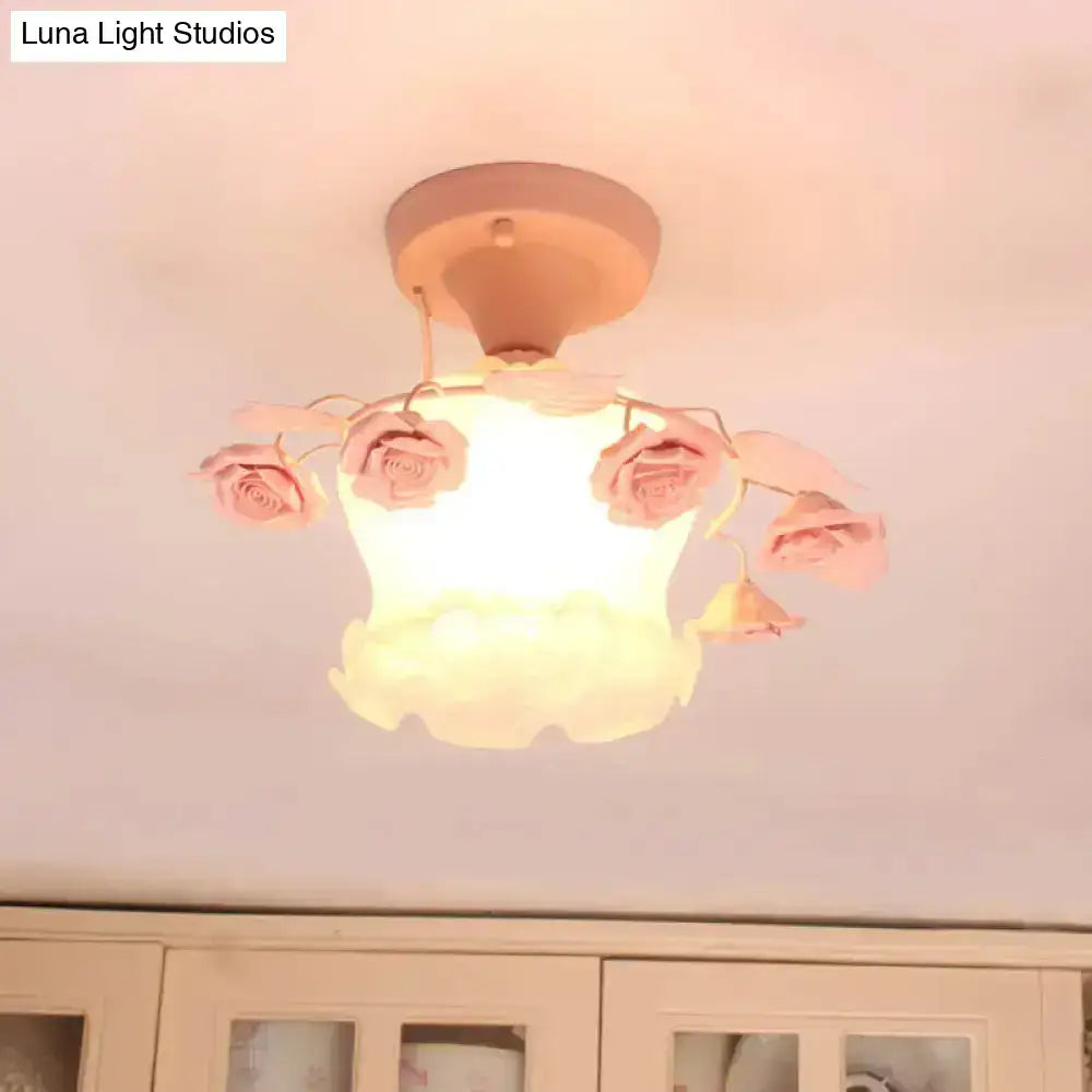 Decorbites pastel pink glass semi flush ceiling light with frosted shade and metal stems for dining room ceiling