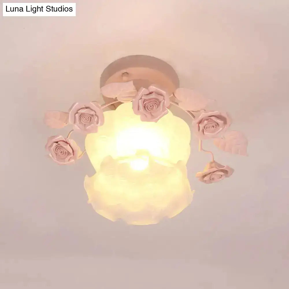 Pastoral pink & white rose glass semi flush light dining room ceiling