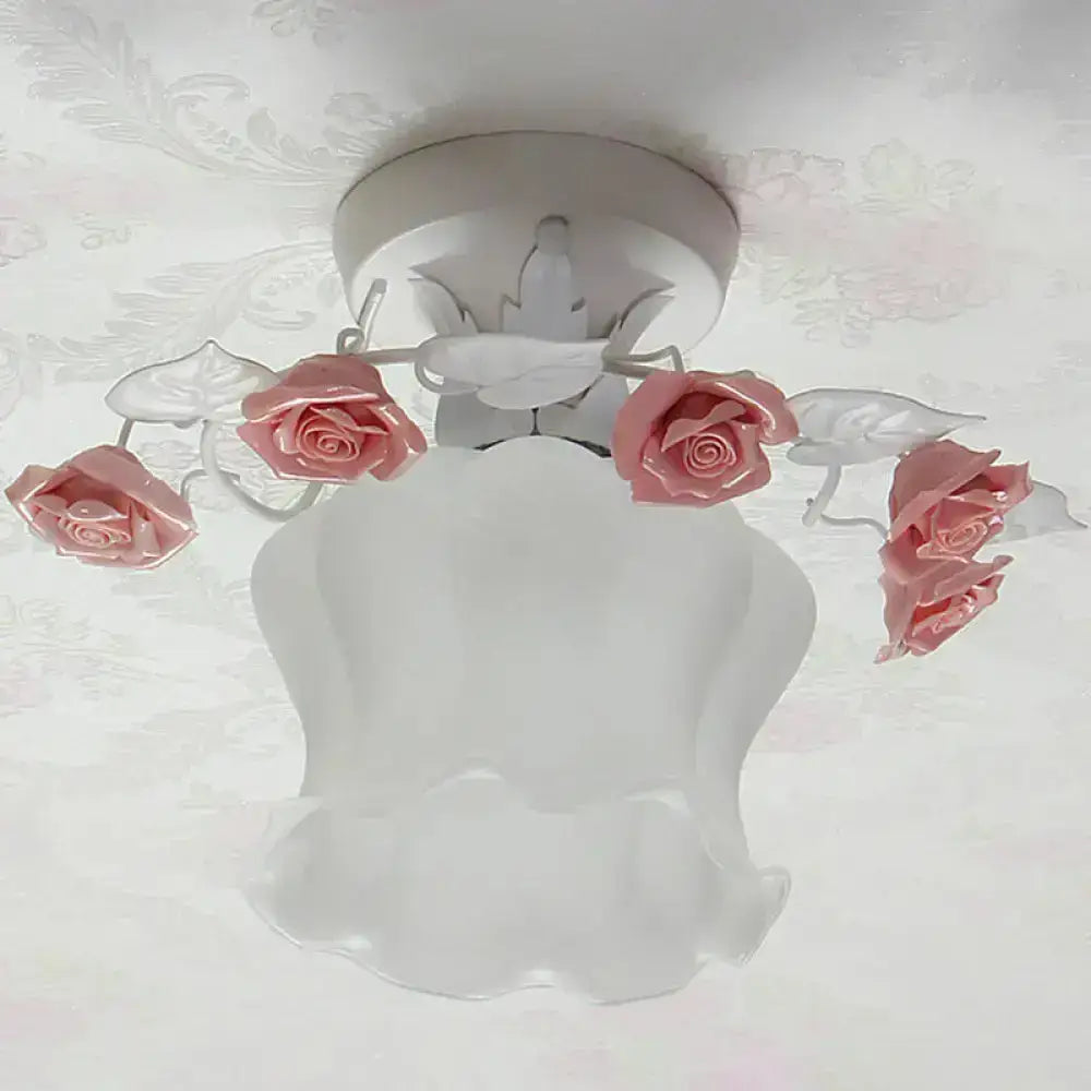 Pastoral pink & white rose glass semi flush light dining room ceiling