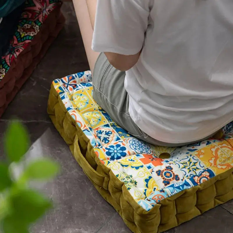 Patchwork bohemian mandala velvet floor cushion reading nook decor