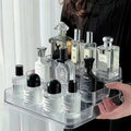 DecorBites™ clear acrylic 3 tier perfume and cosmetic organizer stand with multiple compartments for compact storage rack use