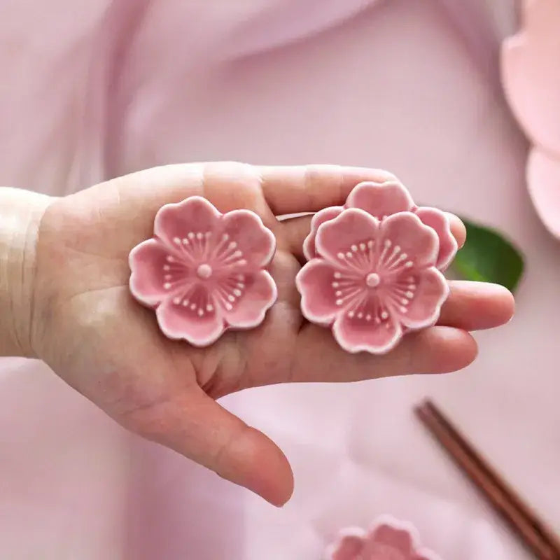 Pink and green ceramic sakura chopstick rest dining room decor