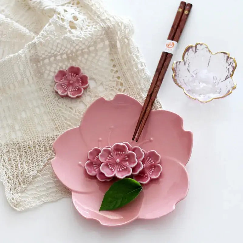 Pink and green ceramic sakura chopstick rest dining room decor