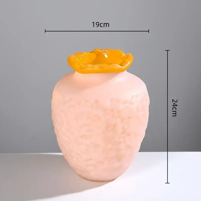 Pink and yellow textured colorful frosted glass vase living room decor