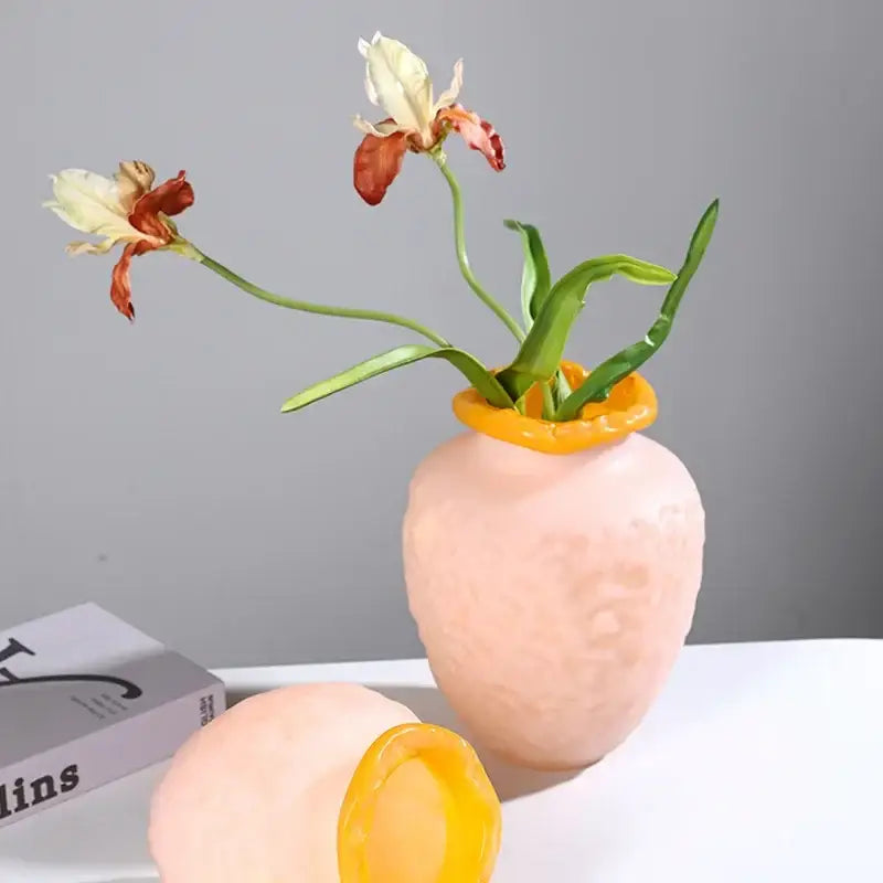 Pink and yellow textured colorful frosted glass vase living room decor