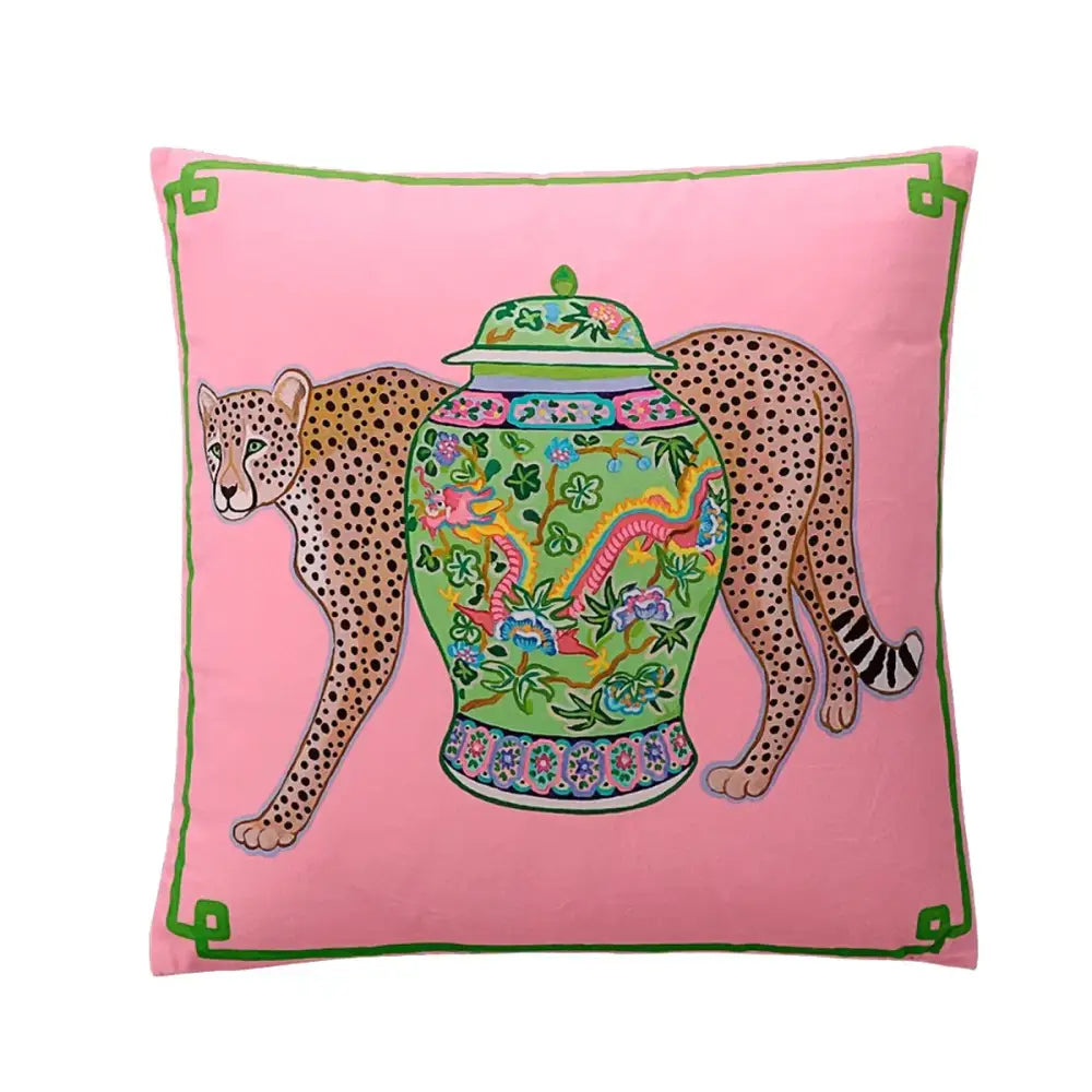 Pink & blue lion dog lumbar pillow cover bedroom tiger decor