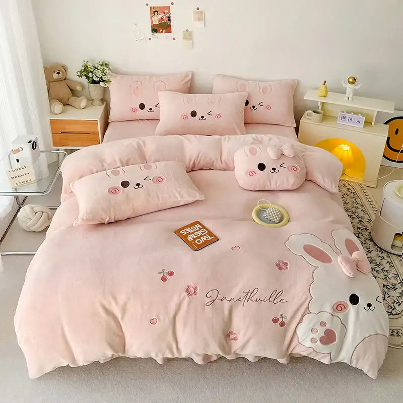 Pink cartoon rabbit applique bedding set for bedroom comfort