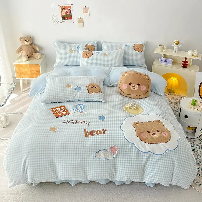 Pink cartoon rabbit applique bedding set for bedroom comfort