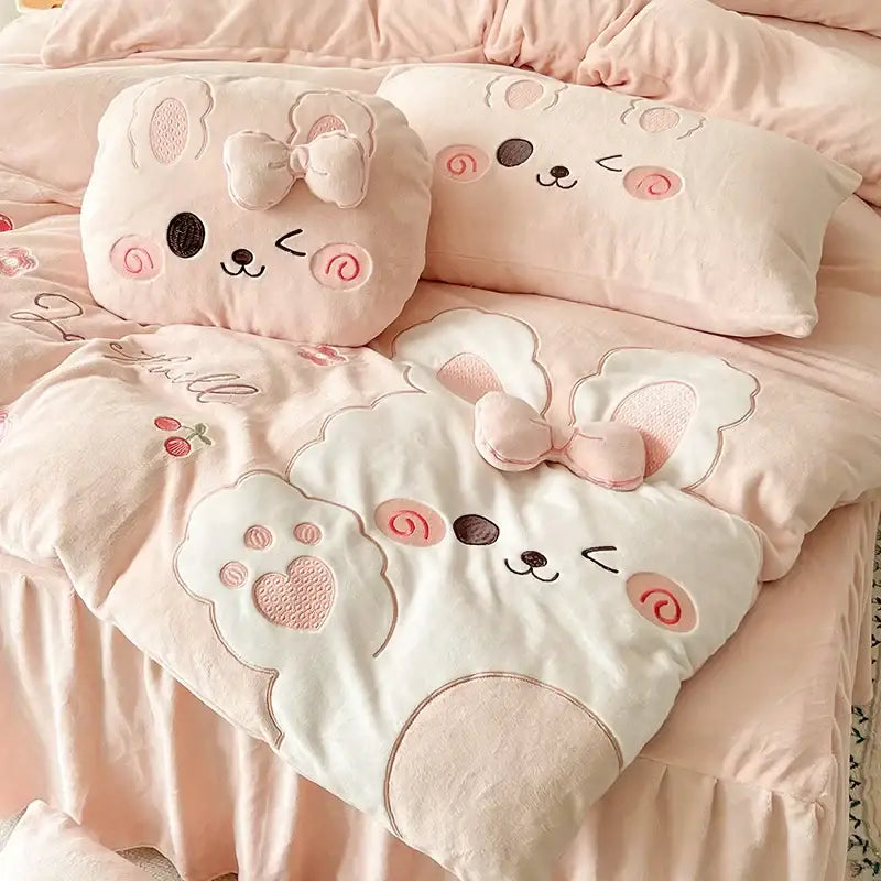 Pink cartoon rabbit applique bedding set for bedroom comfort