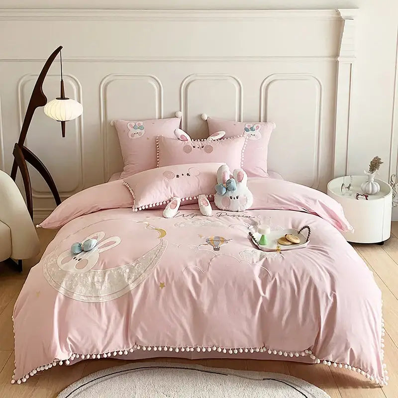 Pink cartoon rabbit moon cotton bedding set bedroom pom pom trim