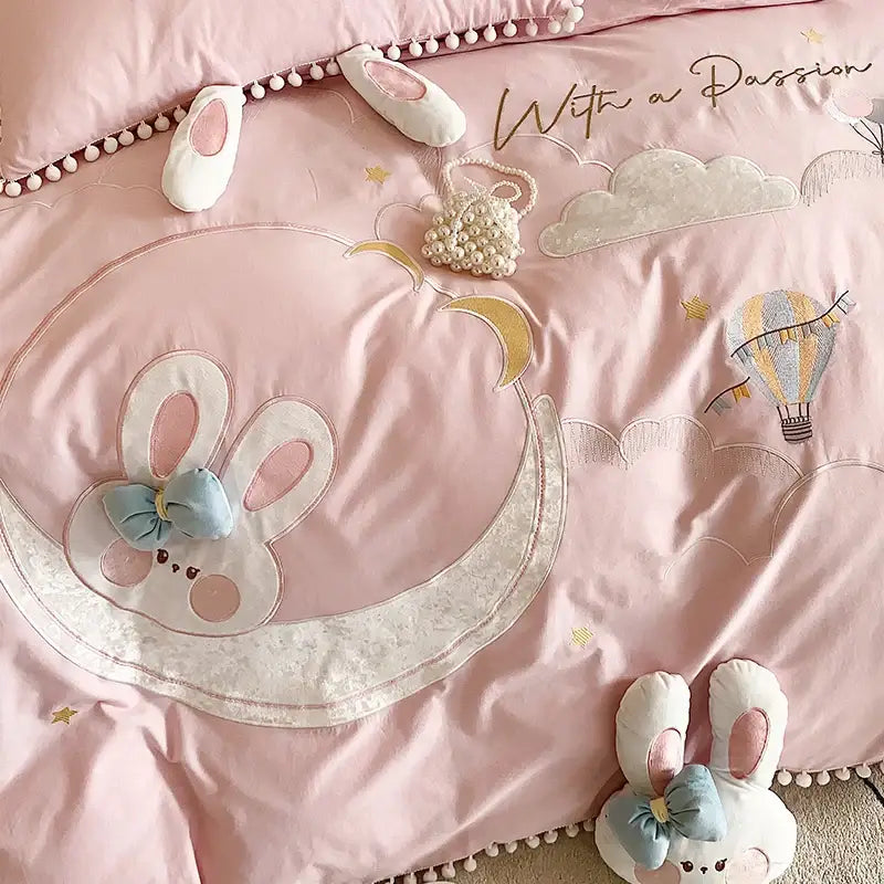 Pink cartoon rabbit moon cotton bedding set bedroom pom pom trim