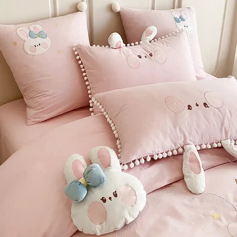 Pink cartoon rabbit moon cotton bedding set bedroom pom pom trim