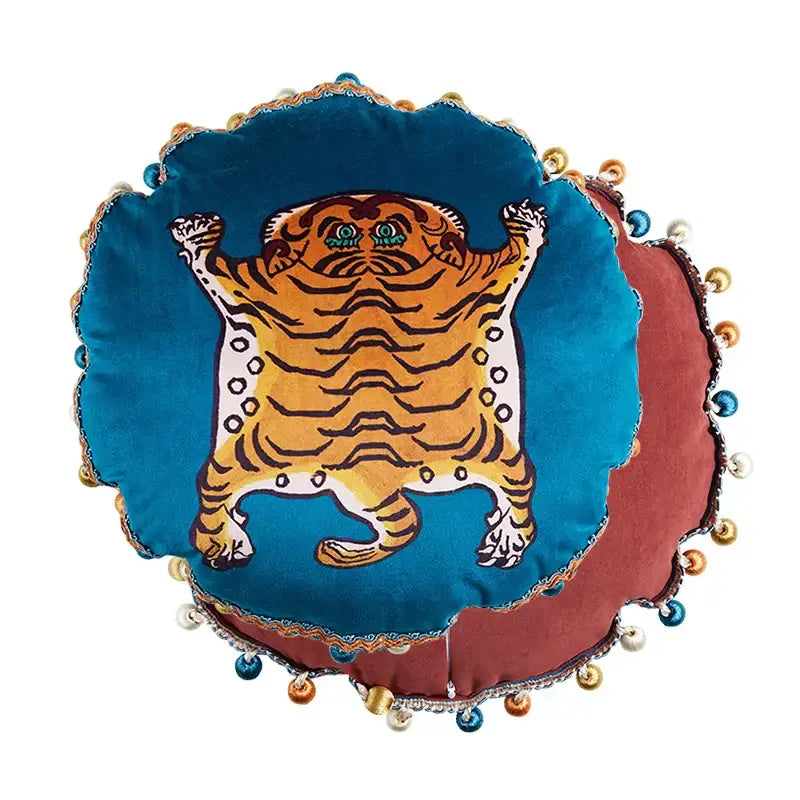Pink cat print velvet throw pillow case with tassels living room