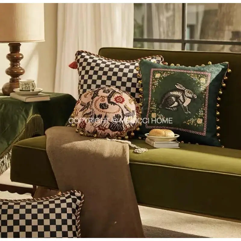 Pink cat print velvet throw pillow case with tassels living room