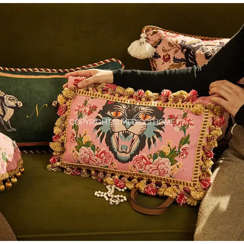 Pink cat print velvet throw pillow case with tassels living room