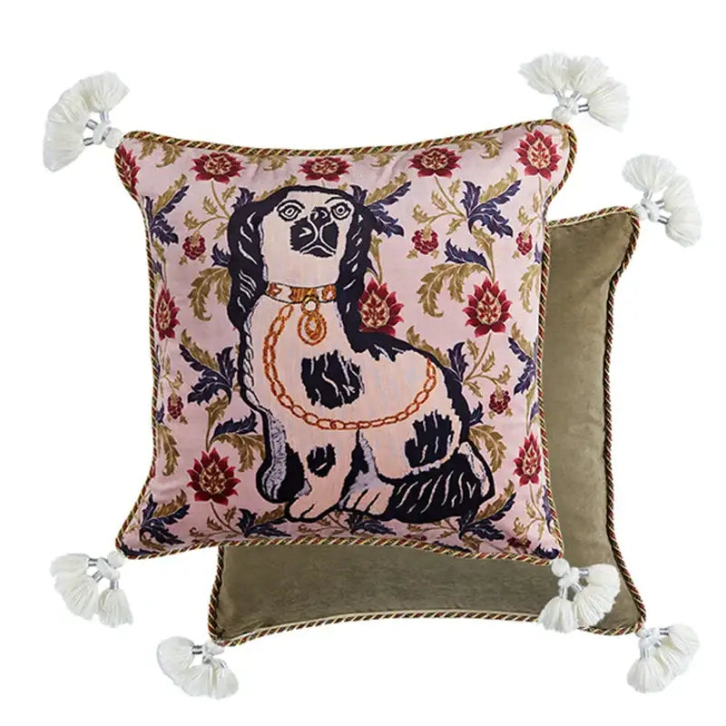 Pink cat print velvet throw pillow case with tassels living room