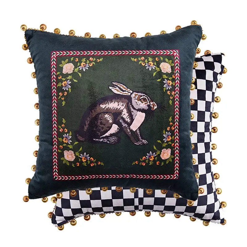 Pink cat print velvet throw pillow case with tassels living room