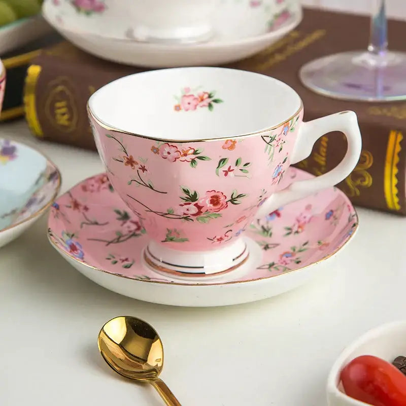 Pink floral bone china flower tea cup set dining room phnom penh trim
