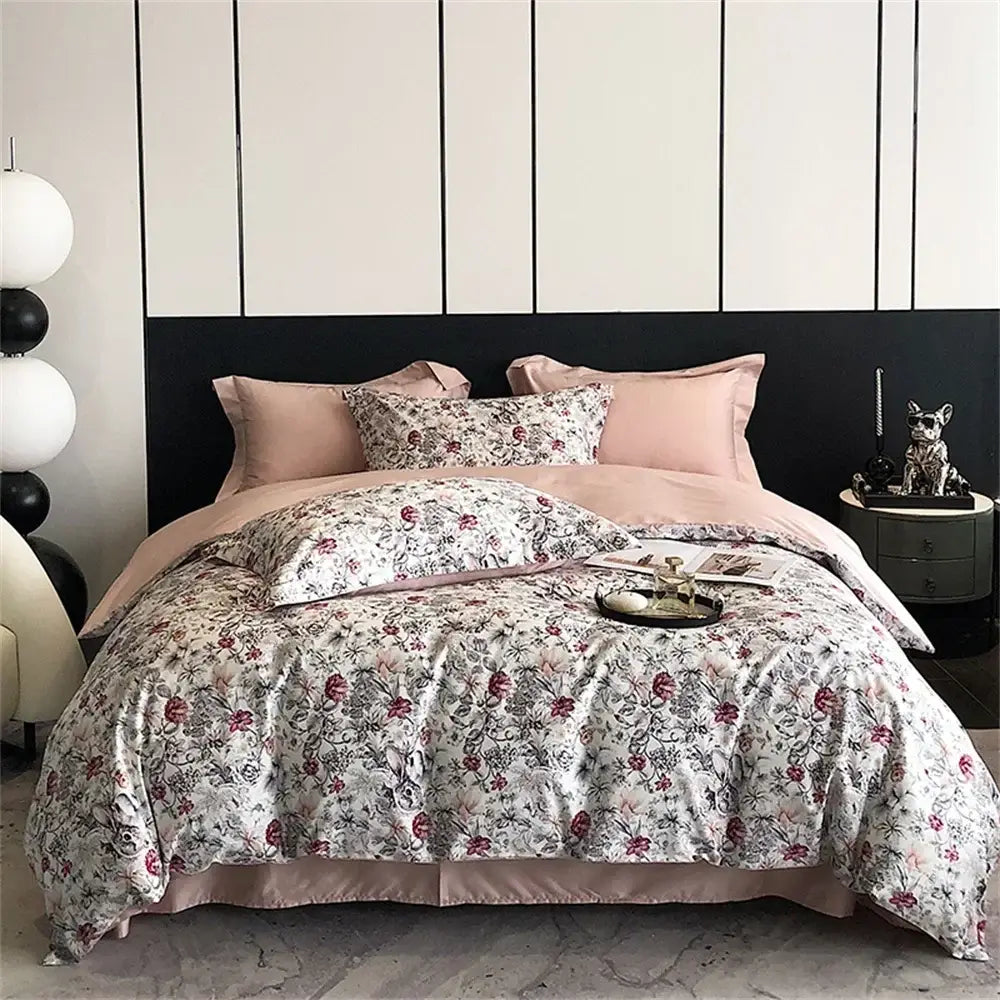 Pink floral satin egyptian cotton bedding set bedroom decor