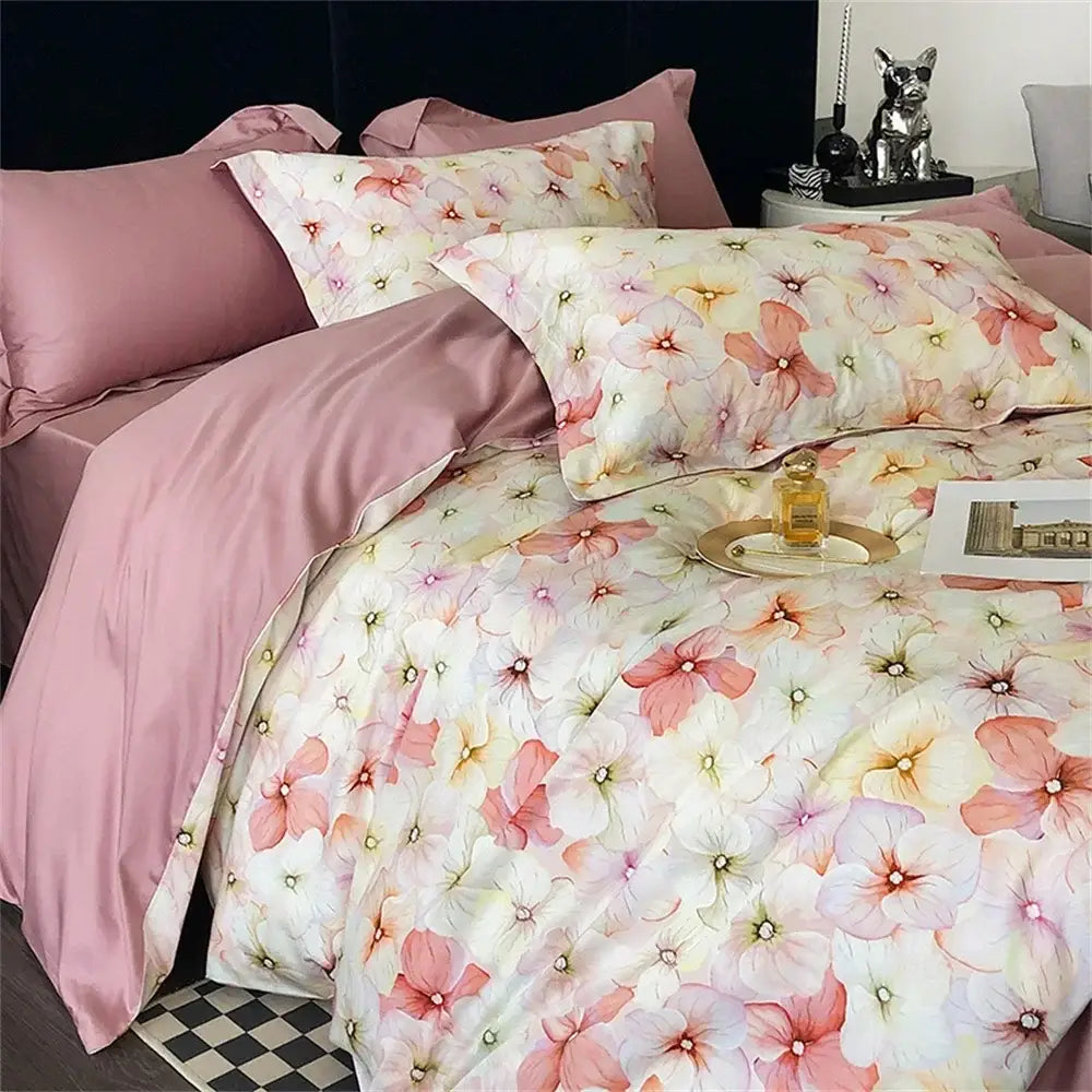 Pink floral satin egyptian cotton bedding set bedroom decor