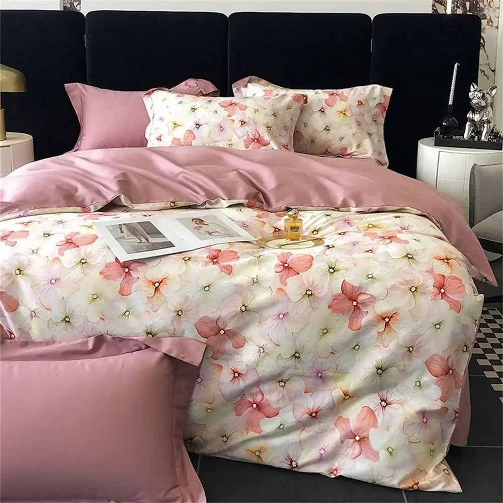 Pink floral satin egyptian cotton bedding set bedroom decor