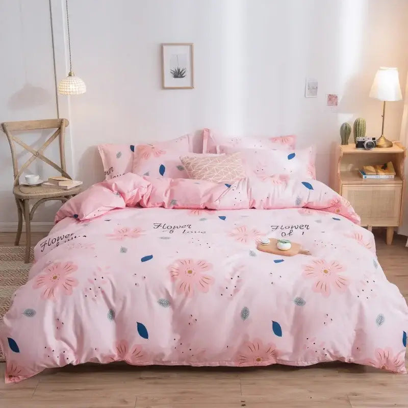 Pink heart cartoon print bedding set bedroom satin finish duvet cover