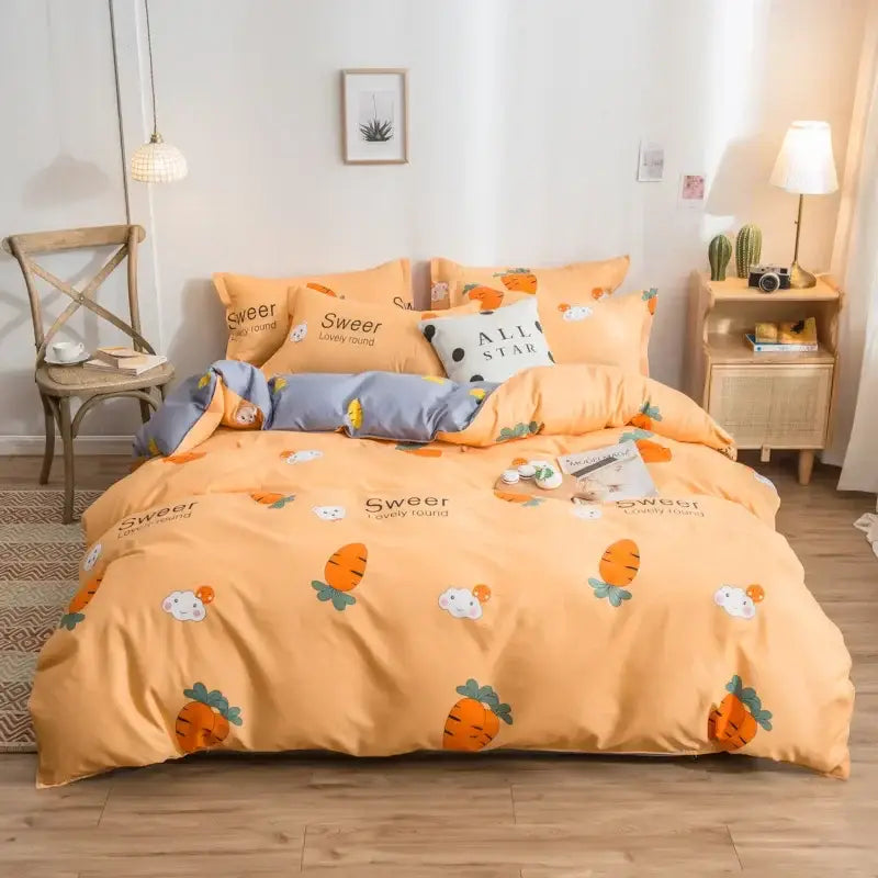 Pink heart cartoon print bedding set bedroom satin finish duvet cover