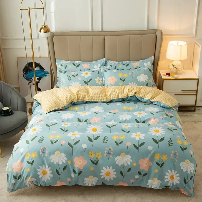 Pink heart cartoon print bedding set bedroom satin finish duvet cover