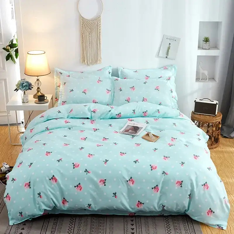 Pink heart cartoon print bedding set bedroom satin finish duvet cover