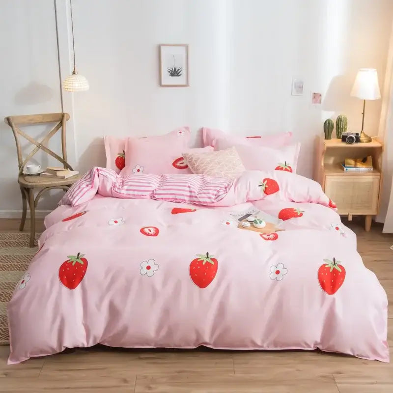 Pink heart cartoon print bedding set bedroom satin finish duvet cover