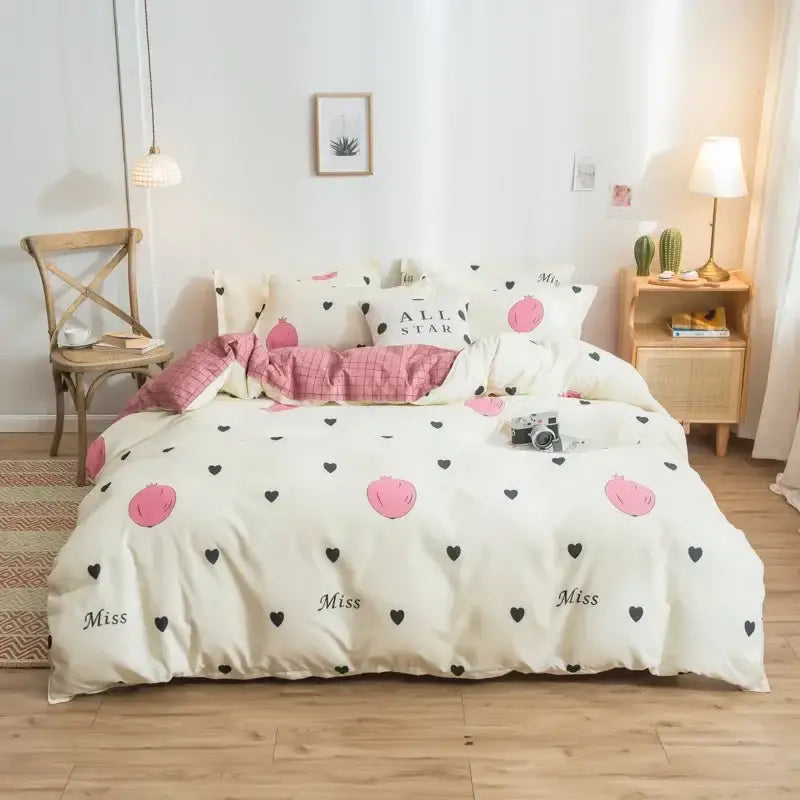 Pink heart cartoon print bedding set bedroom satin finish duvet cover